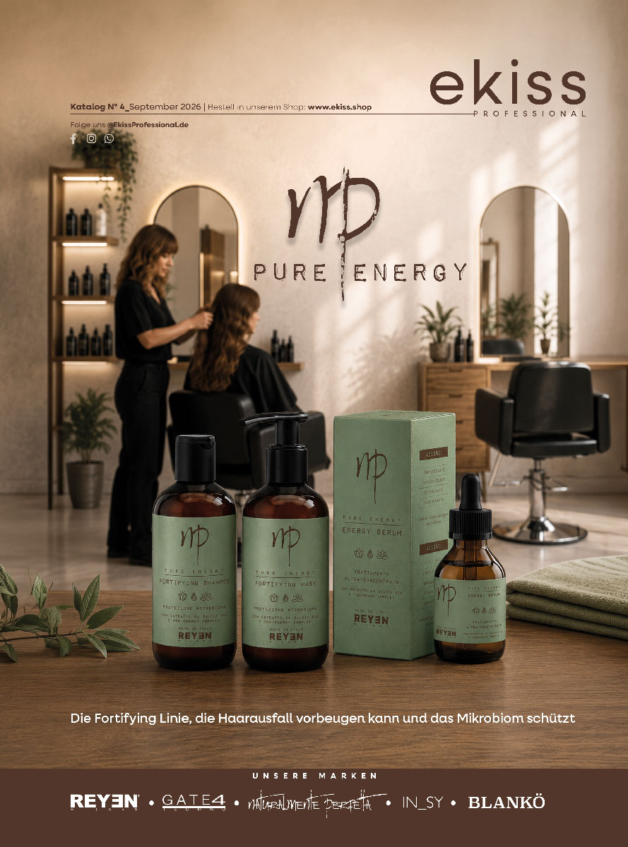 Titelseite des Ekiss 04-Katalogs mit der neuen stärkenden Pure Energy-Linie von Naturalmente Perfetta, die sich an Haare mit Haarausfallproblemen richtet